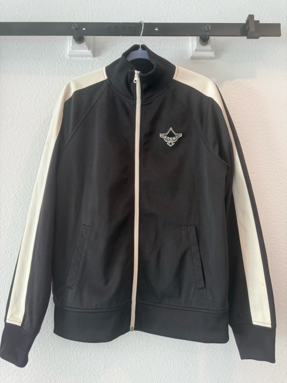 Lucky Brand sporty jacket. Black with cream stripes on arms & chest patch “Aces”